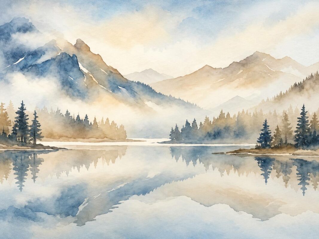Watercolor misty mountain lake landscape wall mural