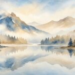 Watercolor misty mountain lake landscape wall mural