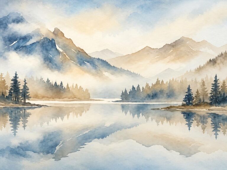 Watercolor misty mountain lake landscape wall mural