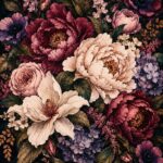 Moody vertical floral mural with lilies and peonies