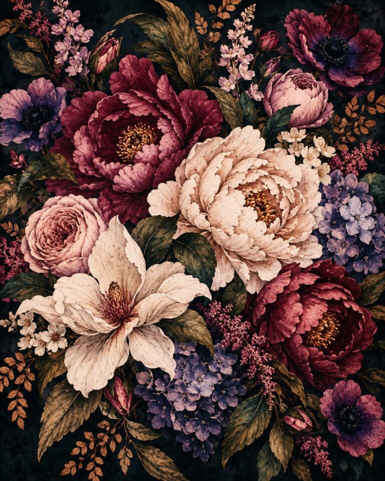 Moody vertical floral mural with lilies and peonies