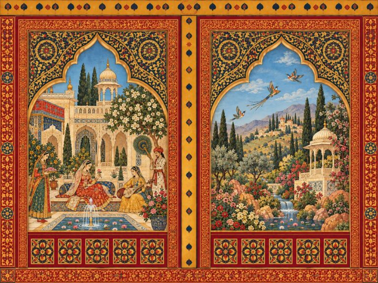 Mughal miniature style palace garden mural panels