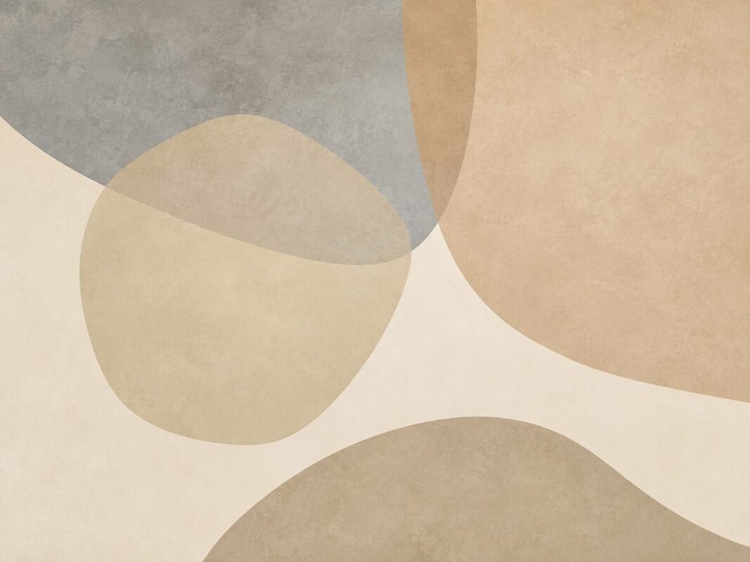 Neutral boho abstract wall mural with overlapping beige and taupe shapes