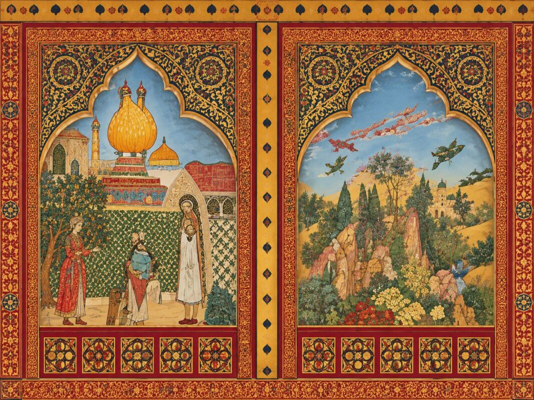 Persian miniature style mural with two ornate arched panels and palace scene