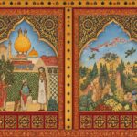 Persian miniature style mural with two ornate arched panels and palace scene