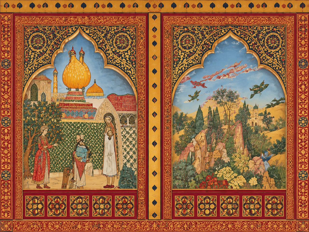 Persian Miniature Palace Panels wall mural Persian miniature style mural with two ornate arched panels and palace scene