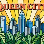 Queen City Charlotte skyline mural with sunburst
