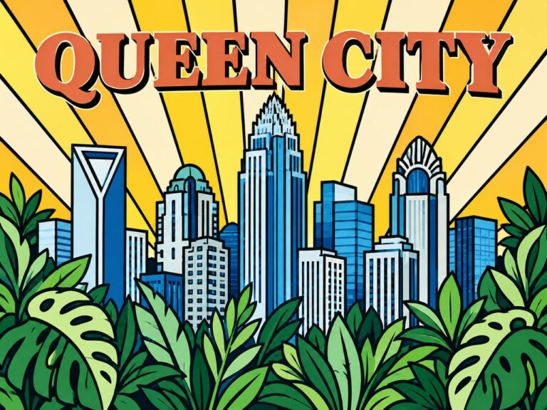 Queen City Charlotte skyline mural with sunburst