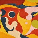 Retro 70s organic shapes abstract wall mural in red, mustard, pink and navy