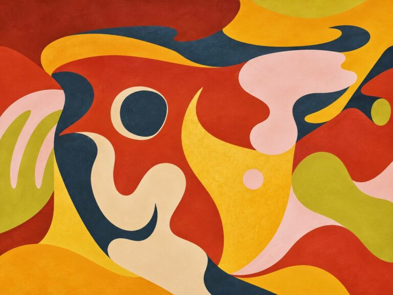 Retro 70s organic shapes abstract wall mural in red, mustard, pink and navy