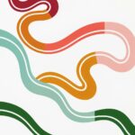 Retro wavy ribbon lines wall mural in mustard, coral and green