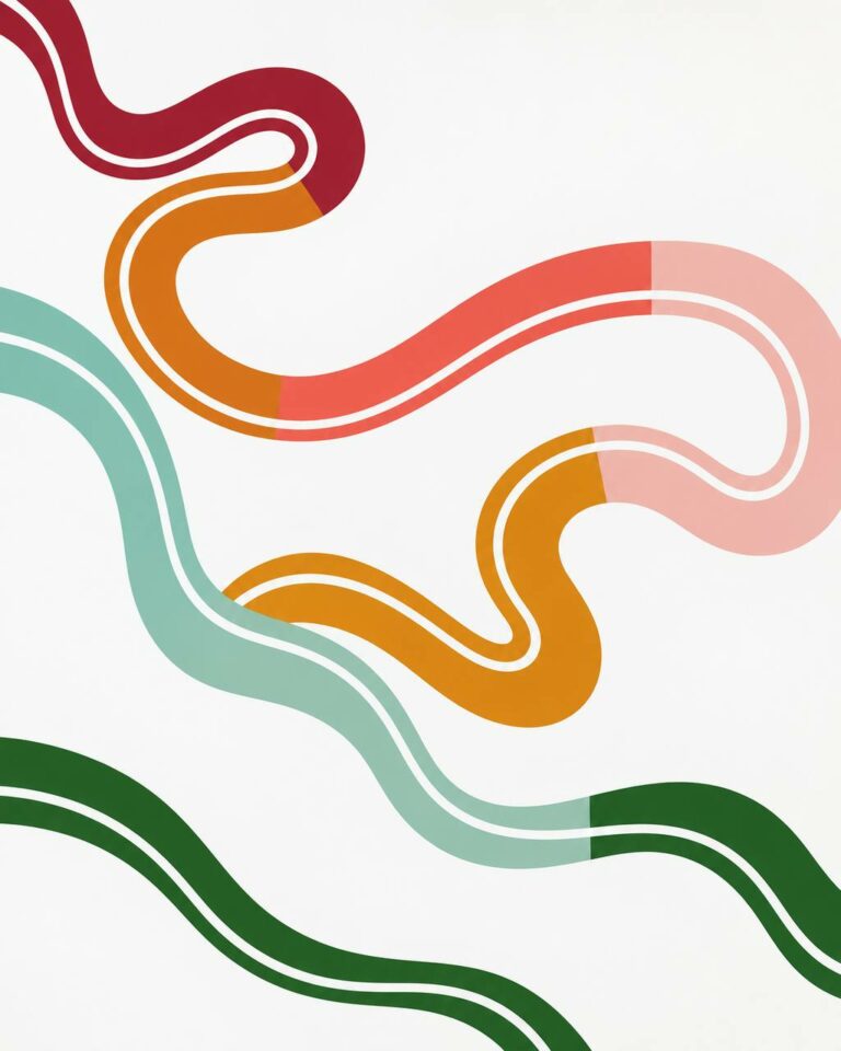 Retro wavy ribbon lines wall mural in mustard, coral and green