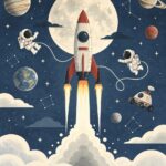 Space rocket and astronauts kids room wall mural