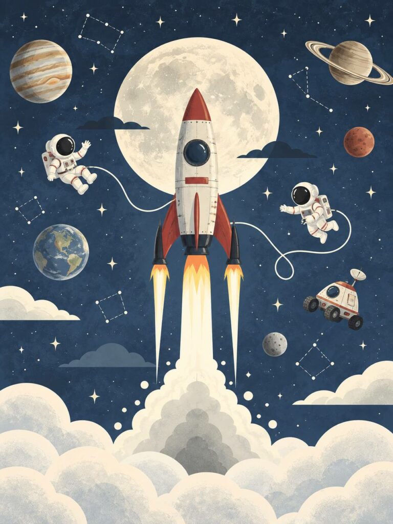 Space rocket and astronauts kids room wall mural