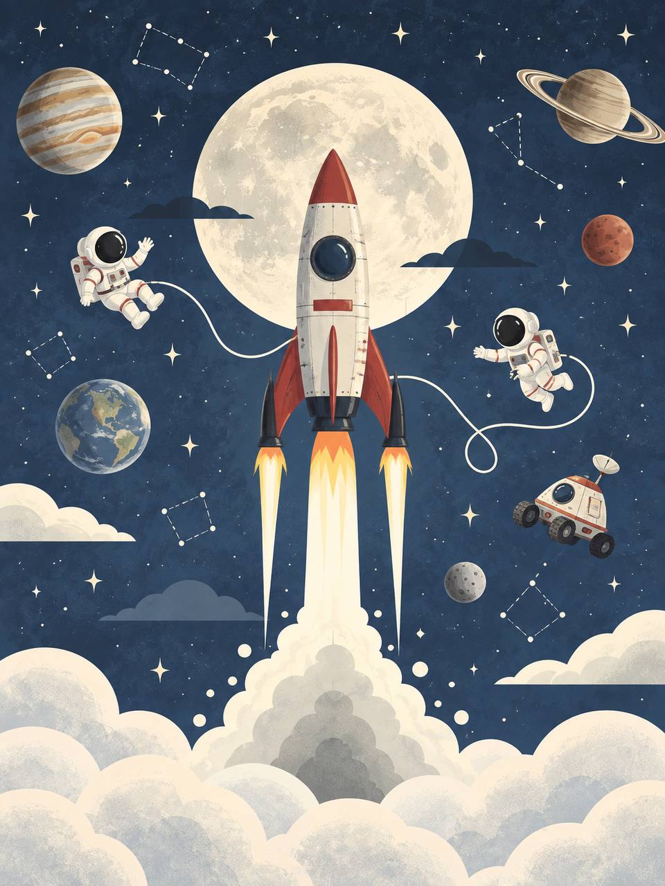 Rocket to the Moon Space Adventure wall mural Space rocket and astronauts kids room wall mural