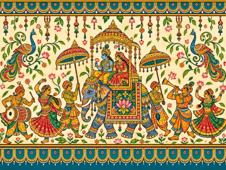 Indian folk art mural with royal elephant procession