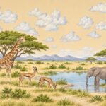 Savanna giraffe and elephant watercolor style mural