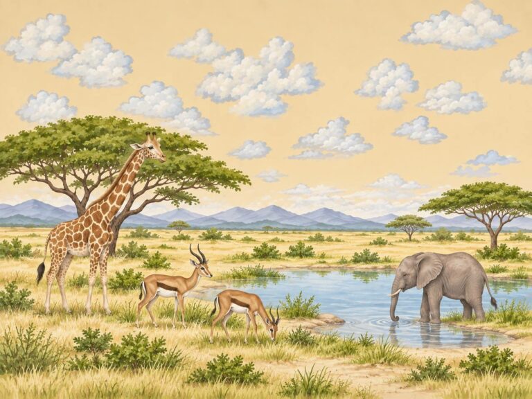 Savanna giraffe and elephant watercolor style mural