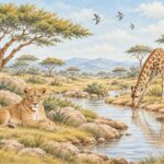 African savanna wildlife mural with lioness and giraffe