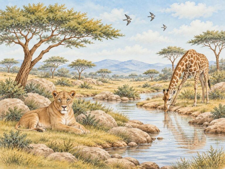 African savanna wildlife mural with lioness and giraffe