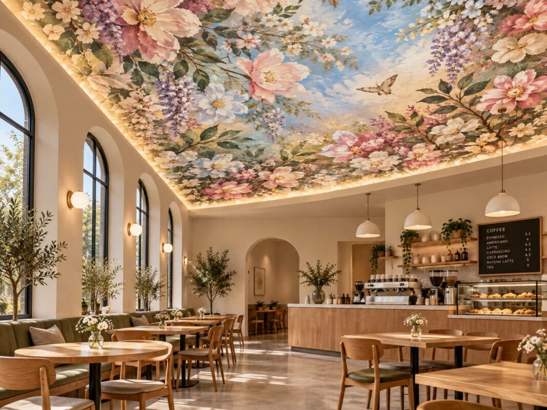 Floral ceiling mural with pink blossoms and sky in cafe interior