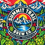 Brewery logo wall mural with mountains, eagle and hops