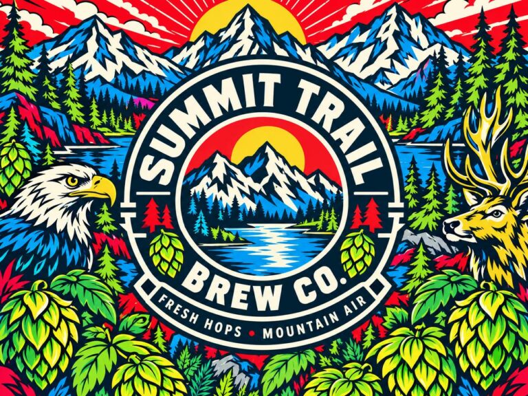 Brewery logo wall mural with mountains, eagle and hops