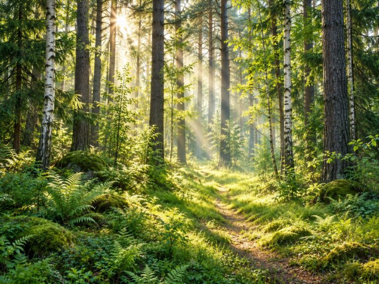Sunlit forest path realistic wall mural