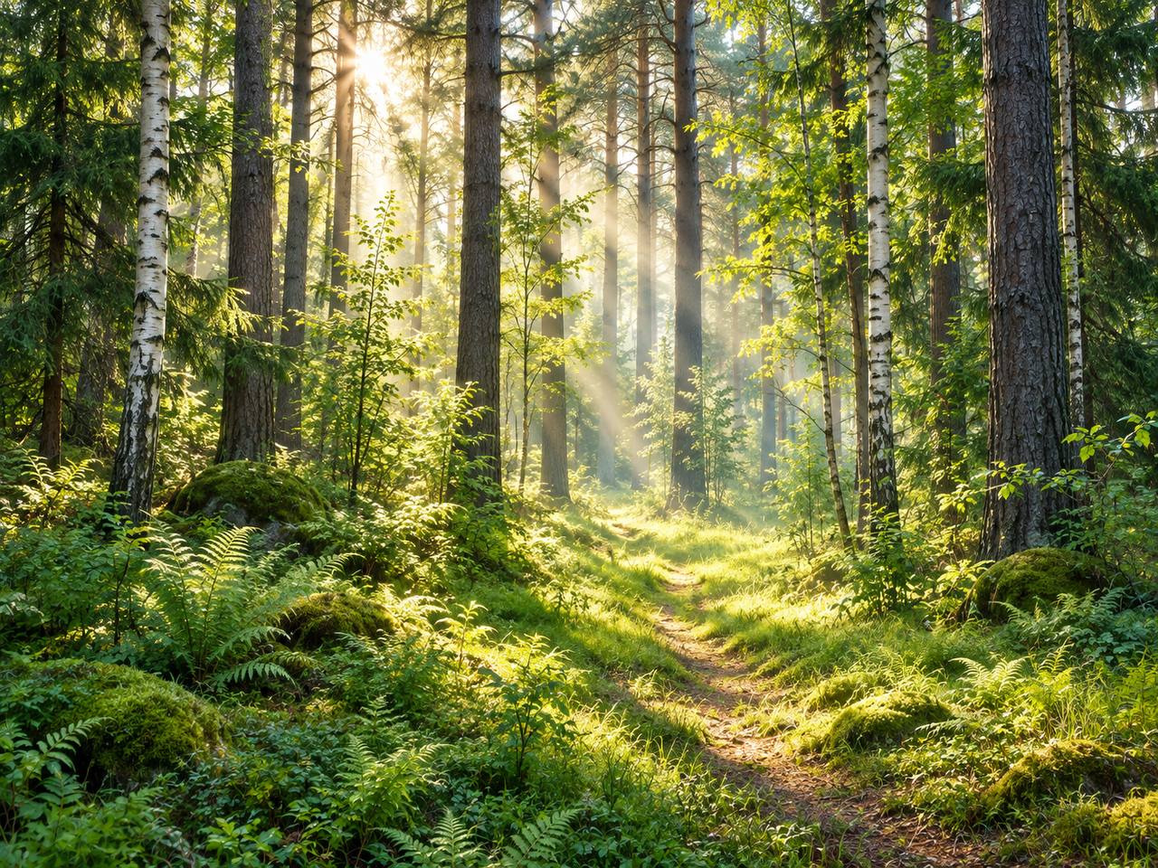Sunlit Forest Path wall mural Sunlit forest path realistic wall mural