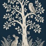 Tree of life mural with owl and rabbit on navy background