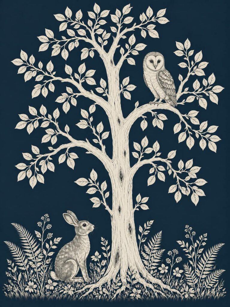 Tree of life mural with owl and rabbit on navy background