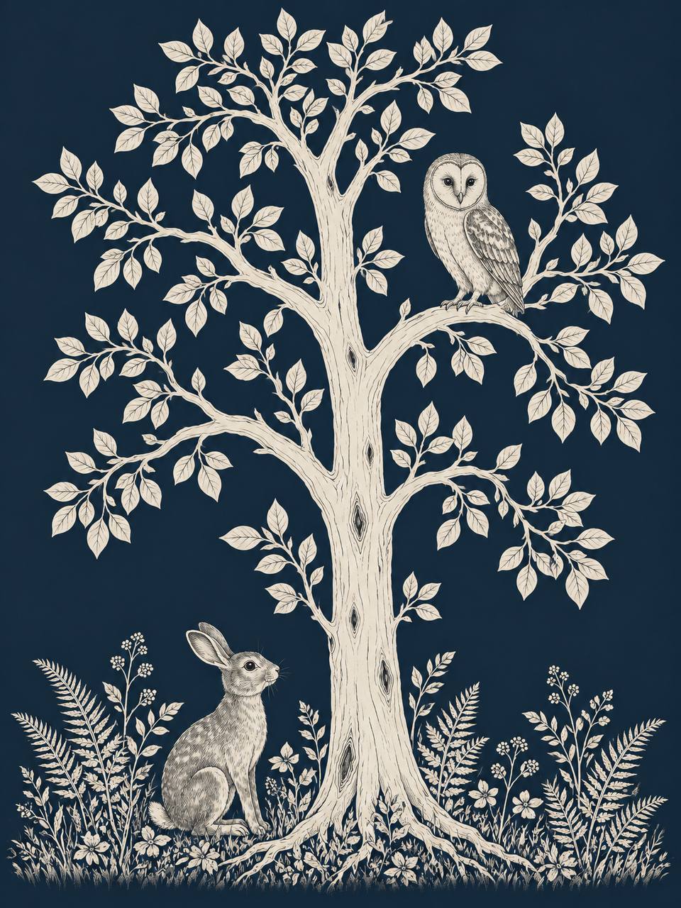 Tree of Life With Owl wall mural Tree of life mural with owl and rabbit on navy background