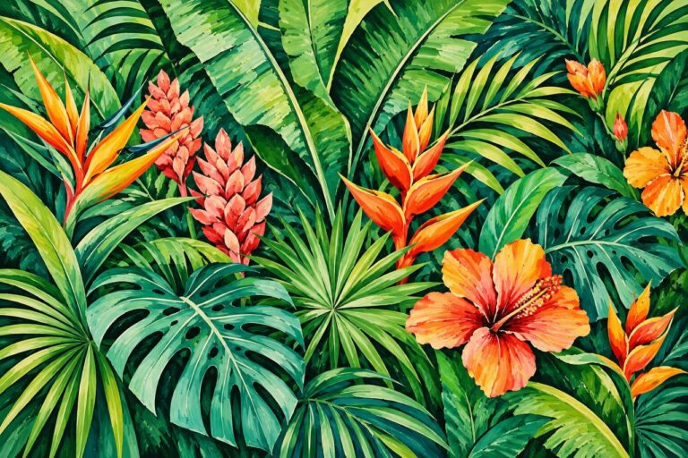 Tropical heliconia and hibiscus flowers wall mural