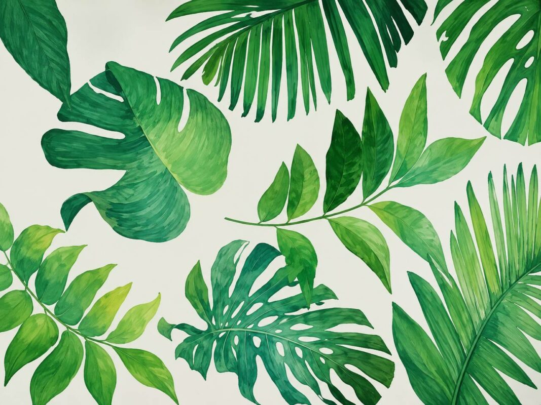 Hand-painted tropical monstera and palm leaves wall mural in watercolor style