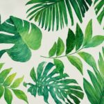Hand-painted tropical monstera and palm leaves wall mural in watercolor style