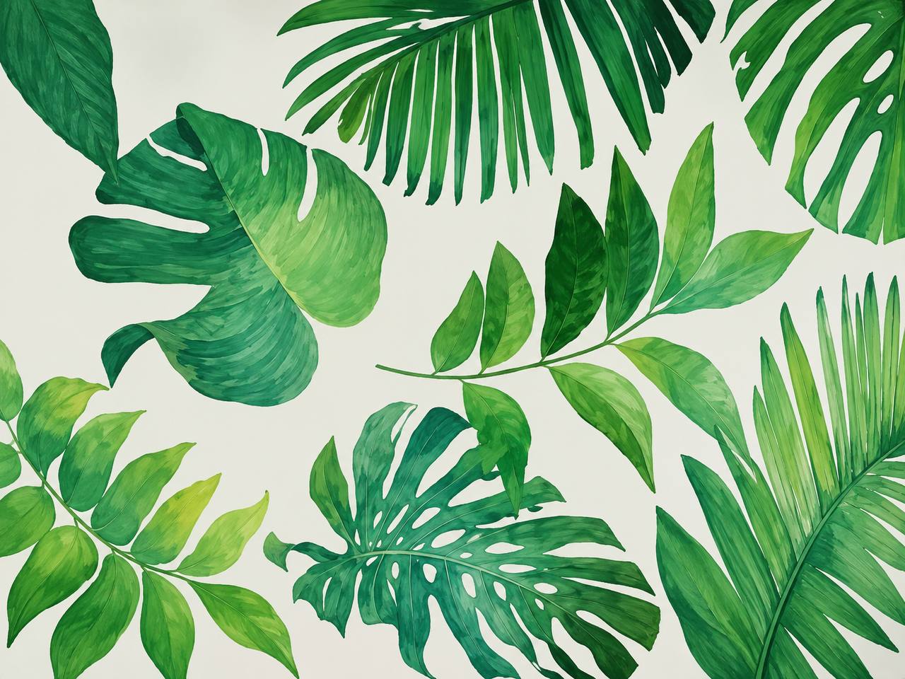 Tropical Monstera Leaves wall mural Hand-painted tropical monstera and palm leaves wall mural in watercolor style