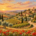 Tuscan vineyard and hilltop village landscape mural
