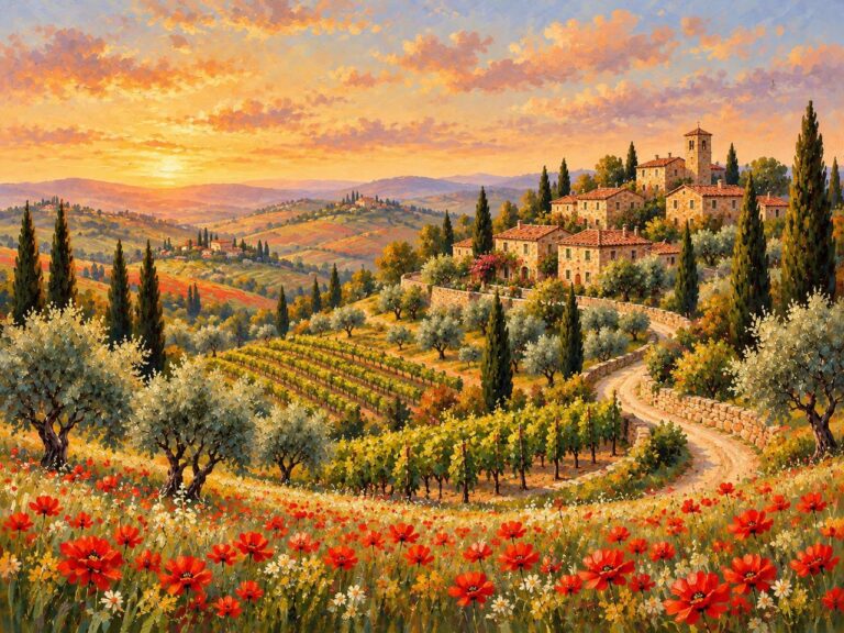 Tuscan vineyard and hilltop village landscape mural