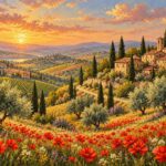 Tuscan sunset countryside panoramic wall mural