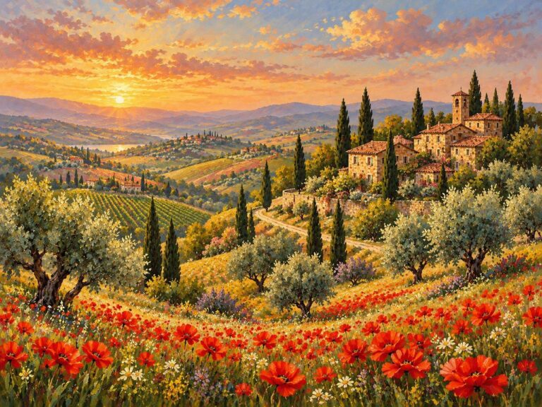 Tuscan sunset countryside panoramic wall mural