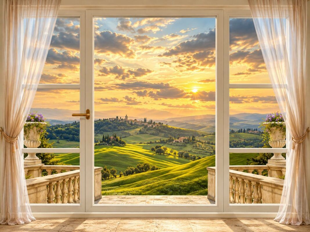 Trompe l'oeil window mural with curtains and Tuscan sunset view