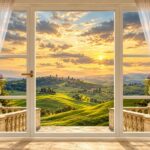 Trompe l'oeil window mural with curtains and Tuscan sunset view