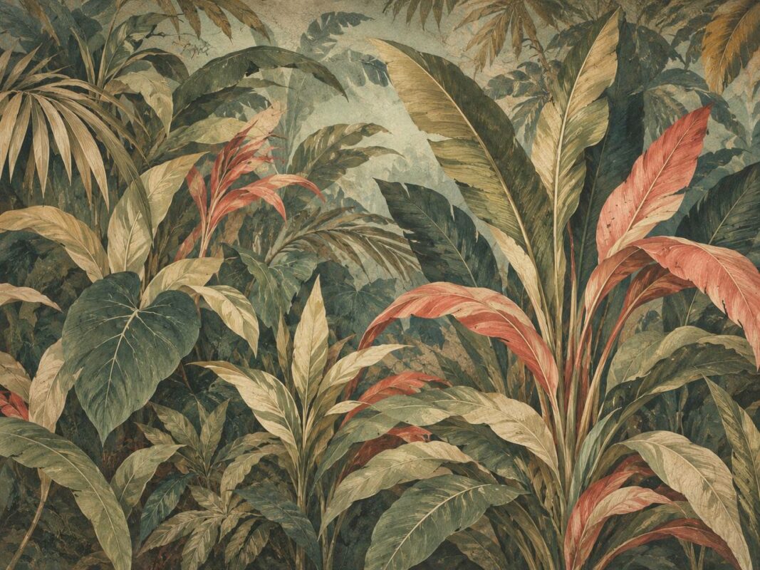 Vintage tropical banana leaves wall mural in muted green and pink