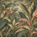 Vintage tropical banana leaves wall mural in muted green and pink