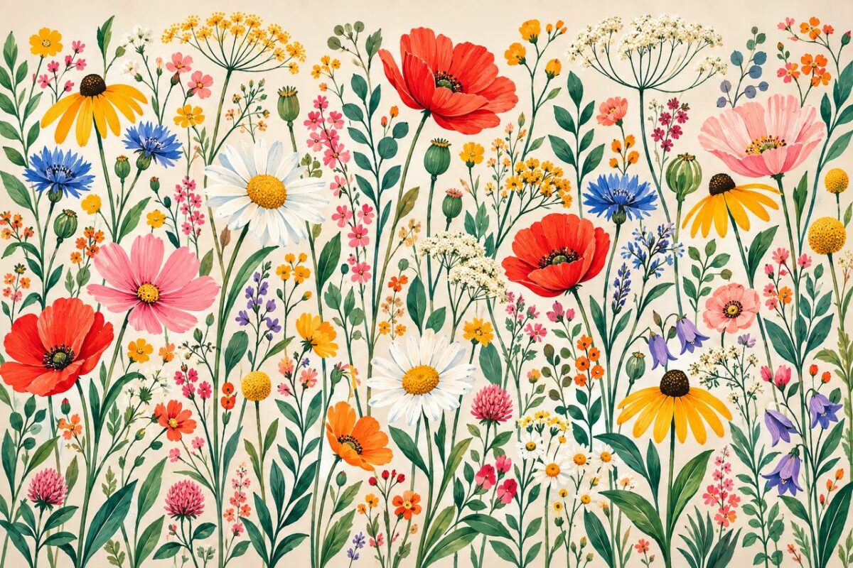 Wildflower meadow botanical illustration wall mural