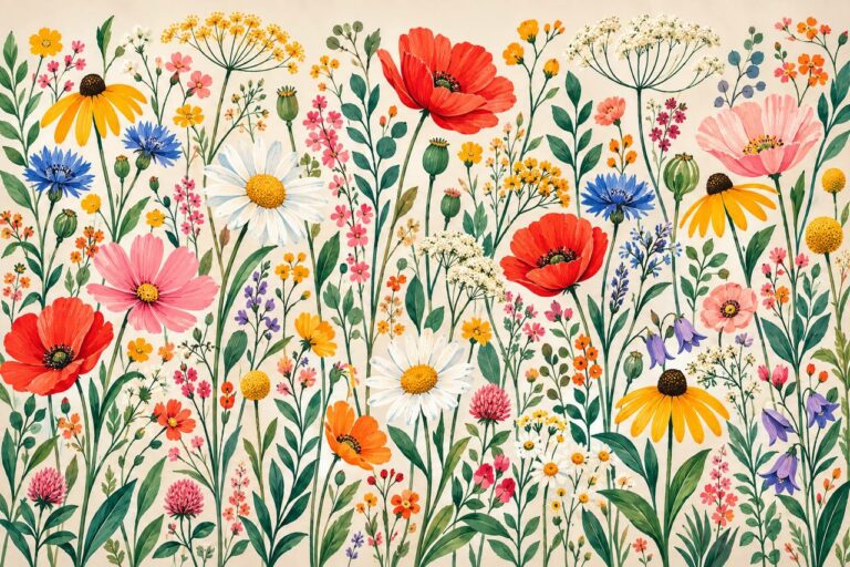 Wildflower meadow botanical illustration wall mural