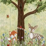 Woodland nursery wall mural with fox, fawn and big tree