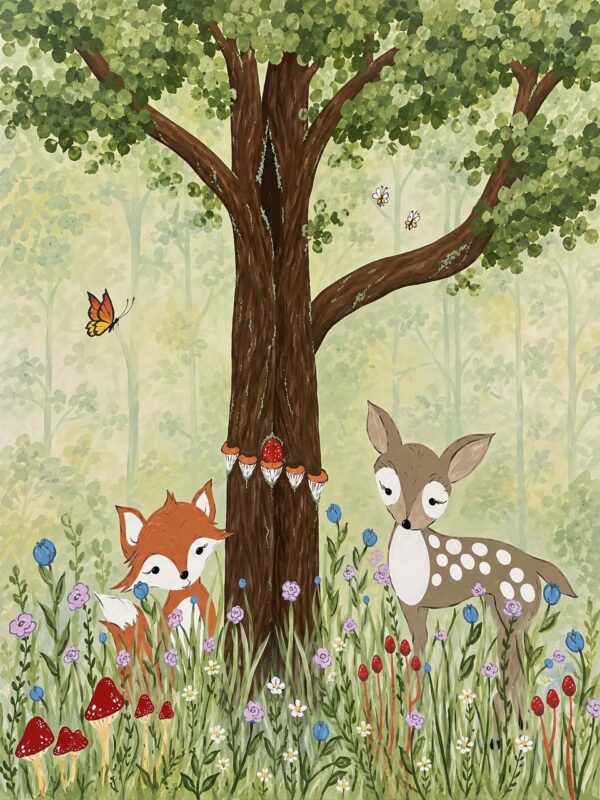 Woodland nursery wall mural with fox, fawn and big tree
