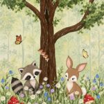 Woodland raccoon and bunny nursery wall mural