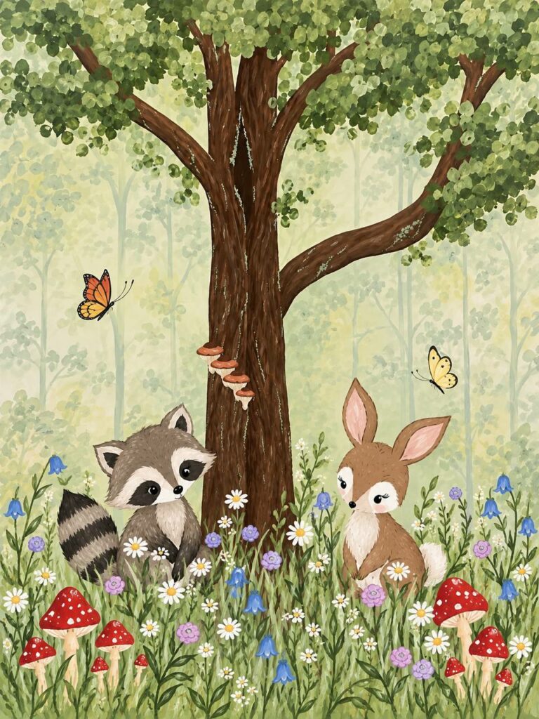 Woodland raccoon and bunny nursery wall mural